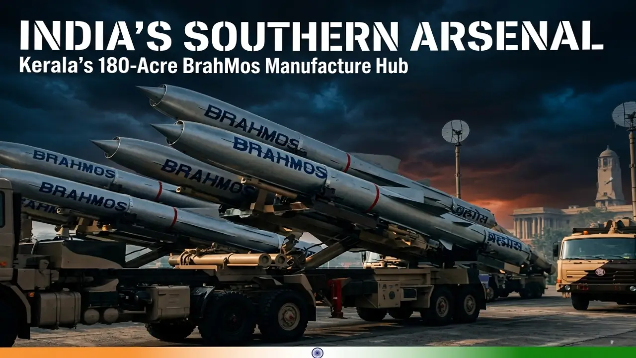 A row of BrahMos supersonic cruise missiles mounted on military launch vehicles under a dramatic, dark stormy sky with a subtle orange horizon glow and a headline overlay reading "India's Southern Arsenal."