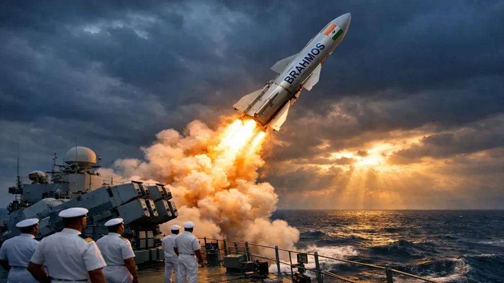 BrahMos supersonic cruise missile launching from an Indian Navy warship in the Arabian Sea at sunset, with fiery rocket flames, thick smoke clouds, and naval crew watching under a dramatic stormy sky.
