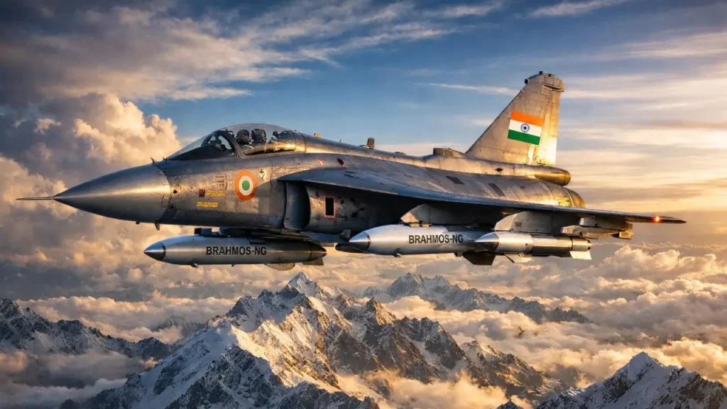 Indian Air Force Tejas fighter jet armed with BrahMos-NG missiles flying above snow-covered Himalayan peaks at golden sunset, with the Indian tricolor visible on the tail.
