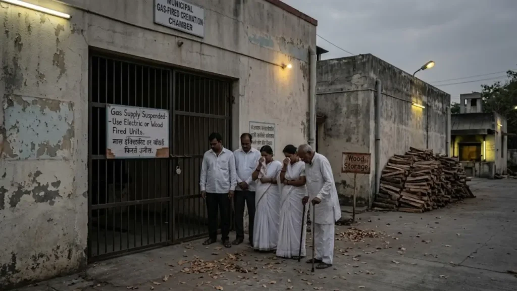 Grieving family outside shut gas-fired crematorium in Pune after PMC suspends operations amid LPG shortage