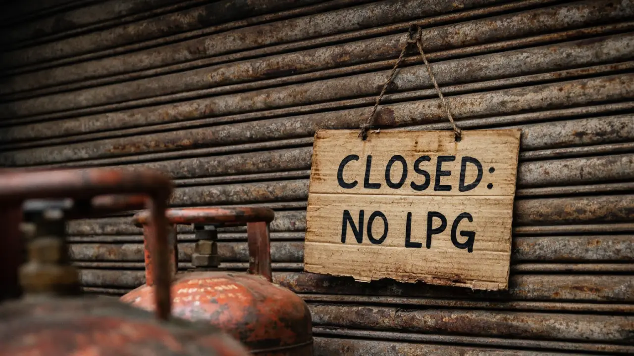 Shuttered Indian restaurant with empty LPG cylinders and a handwritten "Closed: No LPG" sign during India cooking gas shortage 2026