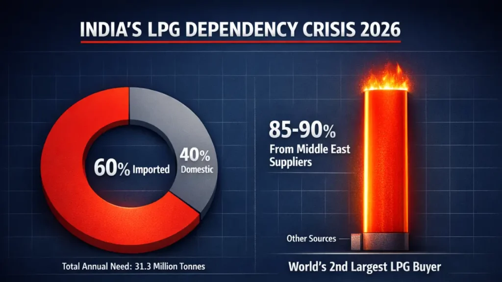 Infographic showing India imports 60% of its LPG with 85-90% sourced from Middle East suppliers