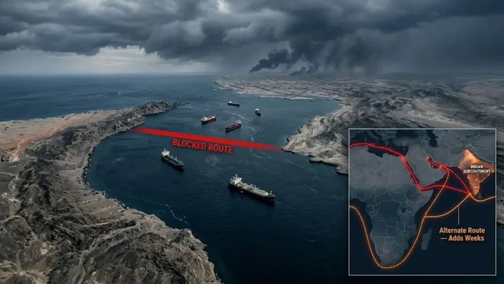 Aerial view of blocked Strait of Hormuz with stranded tankers and alternate shipping route around Africa to India
