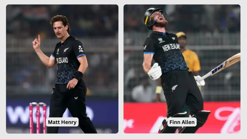 Left: Matt Henry gestures during a match in New Zealand’s black kit. Right: Finn Allen celebrates energetically after a big moment at the crease. 🏏
