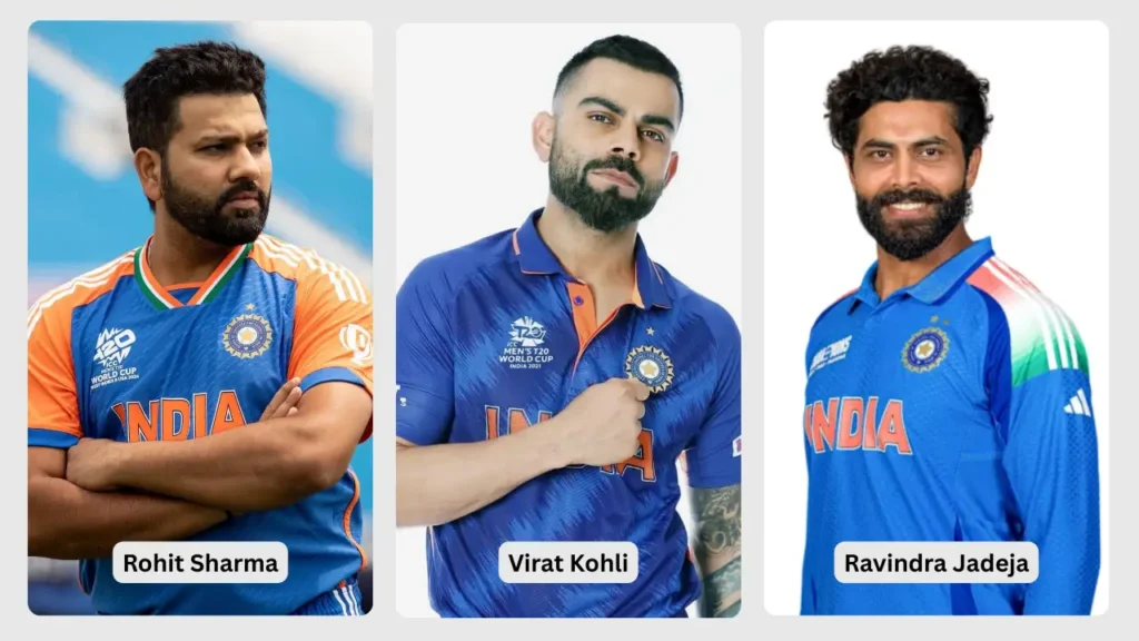 Portraits of Rohit Sharma, Virat Kohli, and Ravindra Jadeja wearing the Indian cricket team jersey. 🏏🇮🇳
