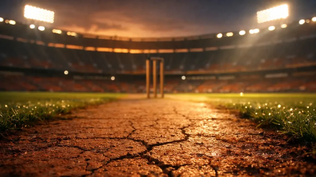Close-up of the dry, cracked red-soil cricket pitch at Narendra Modi Stadium under golden-hour light and stadium floodlights, with blurred stands in the background.
