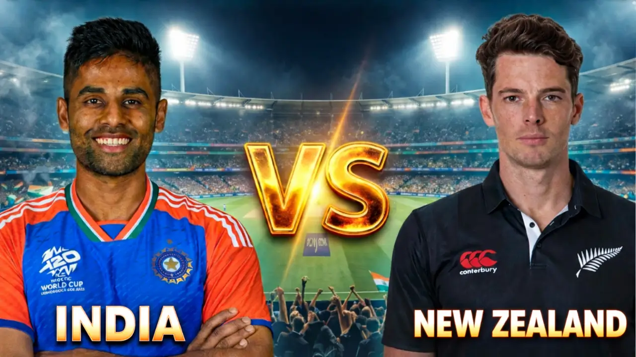 Suryakumar Yadav and Matt Henry featured in an India vs New Zealand T20 World Cup match graphic with a stadium backdrop.