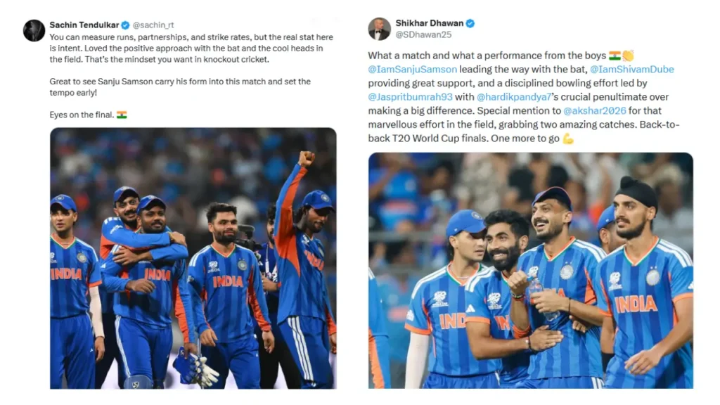 Tweets from Sachin Tendulkar and Shikhar Dhawan praising India’s performance, alongside images of the Indian cricket team celebrating on the field. 🏏🇮🇳
