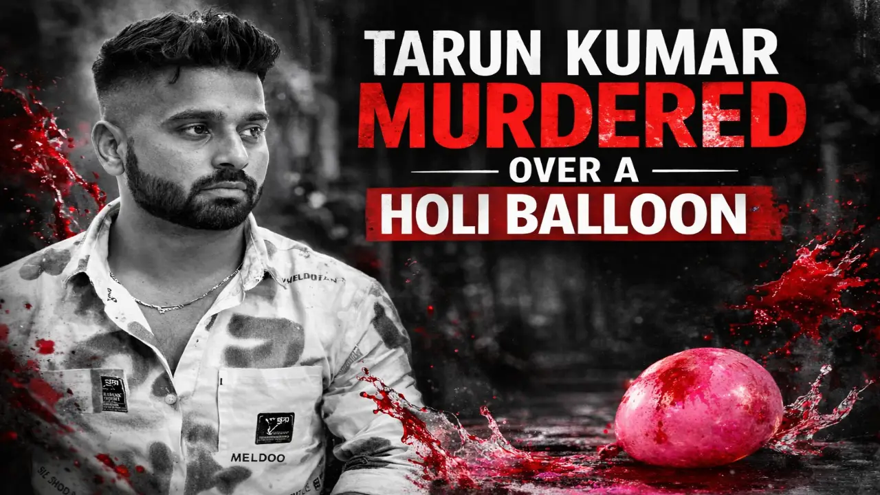 Black-and-white portrait of Tarun Kumar with red Holi balloon splash graphic and headline about his murder over a Holi dispute.