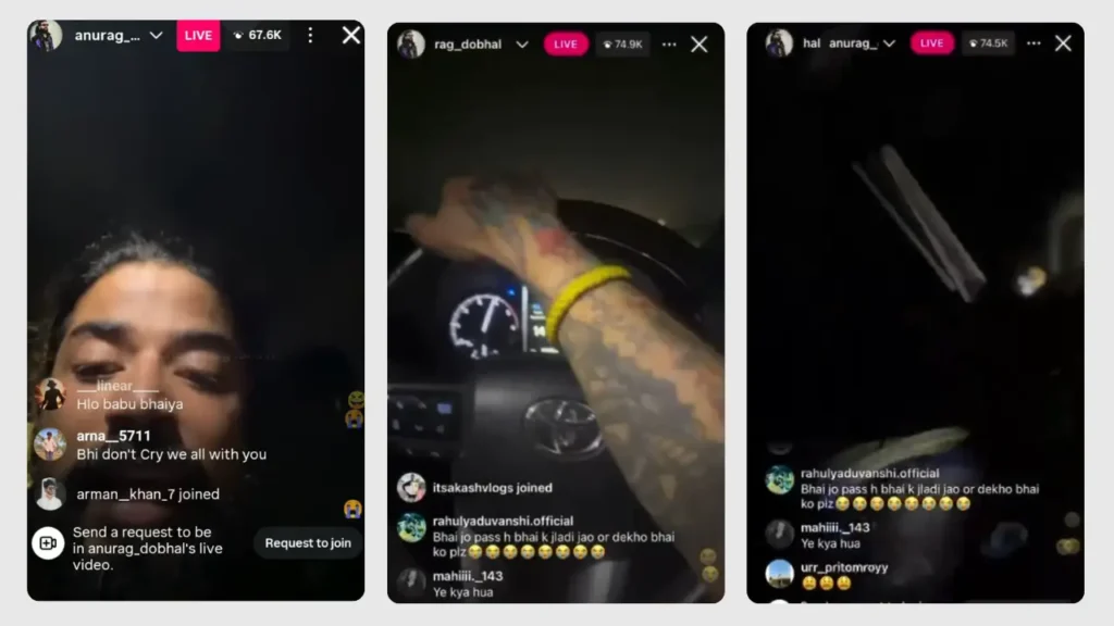 Instagram Live screenshots showing a man driving and emotional moments before a reported crash.