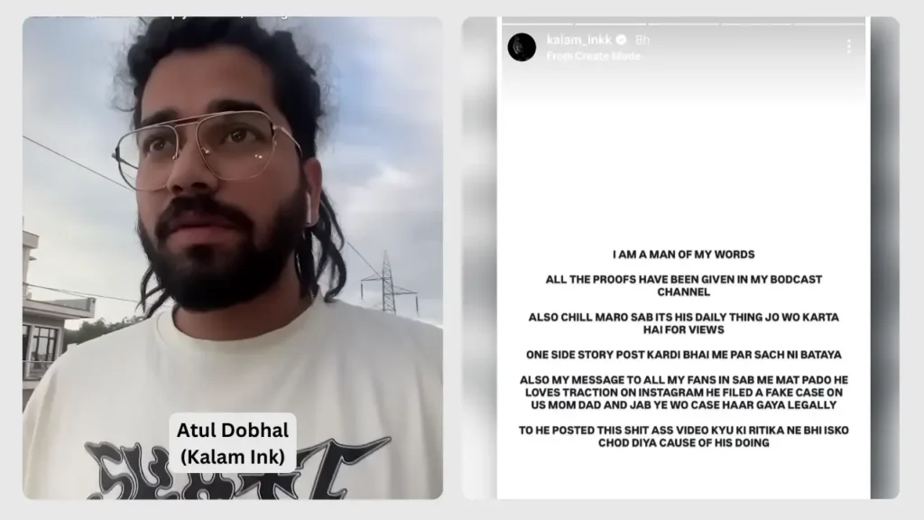 Atul Dobhal (Kalam Ink) speaking in a video with his written response posted on Instagram story.