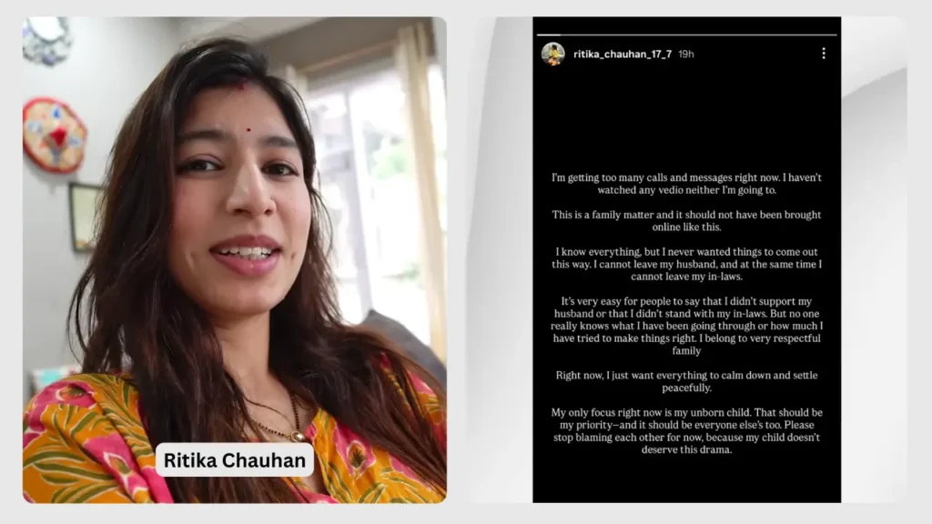 Ritika Chauhan selfie alongside her Instagram story statement addressing the family controversy.