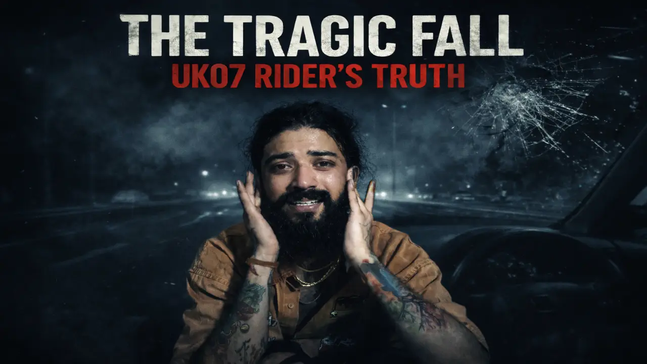 UK07 Rider with an emotional expression against a dark highway crash background with the headline “The Tragic Fall – UK07 Rider’s Truth”.