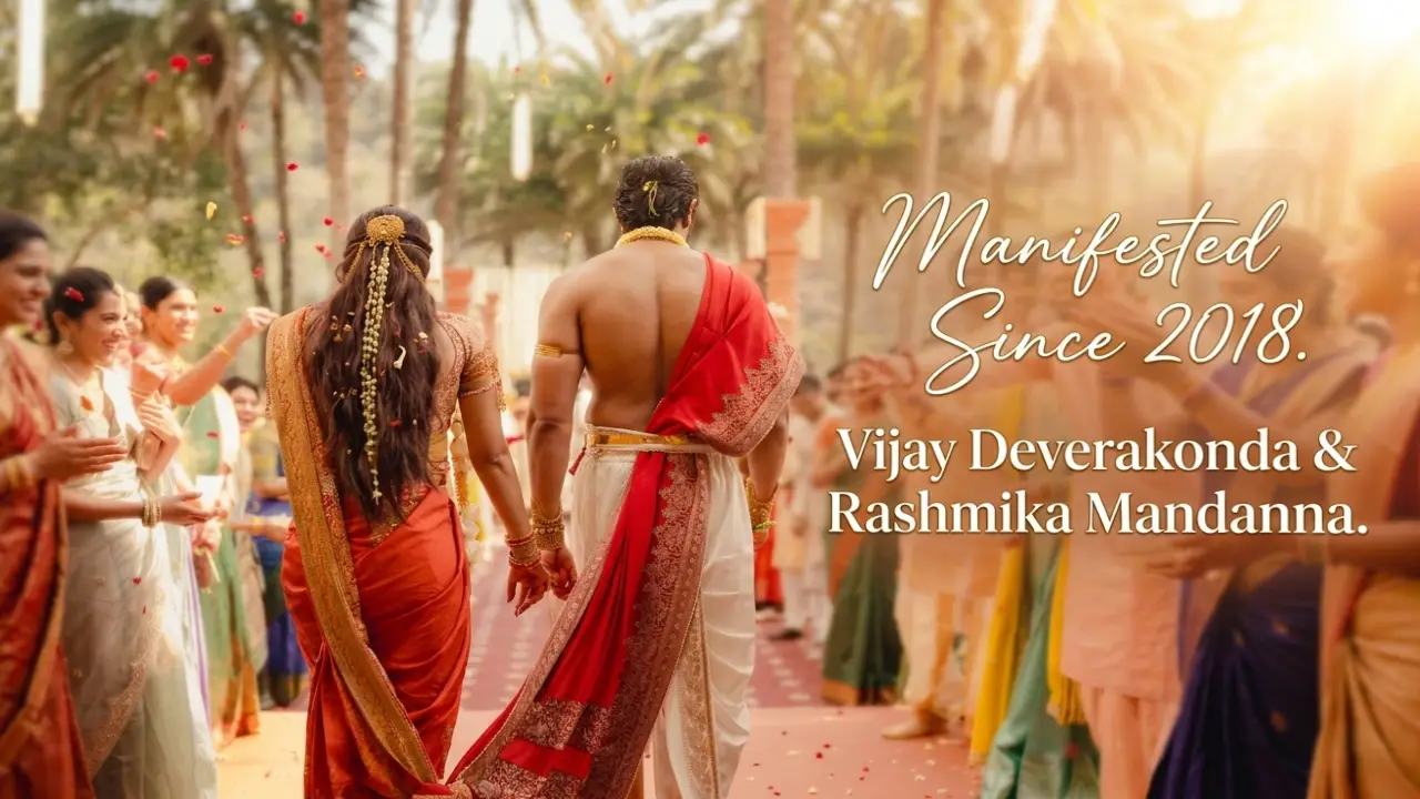 A couple dressed in traditional South Indian wedding attire walk hand-in-hand down a festive aisle as guests shower flower petals, with the text “Manifested Since 2018 – Vijay Deverakonda & Rashmika Mandanna” on the right.