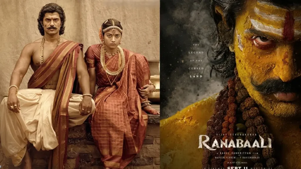 Split image featuring Vijay Deverakonda in a traditional dhoti alongside a woman in a red saree on the left, and an intense close-up poster of him with yellow ritual paint promoting the film Ranabaali on the right.
