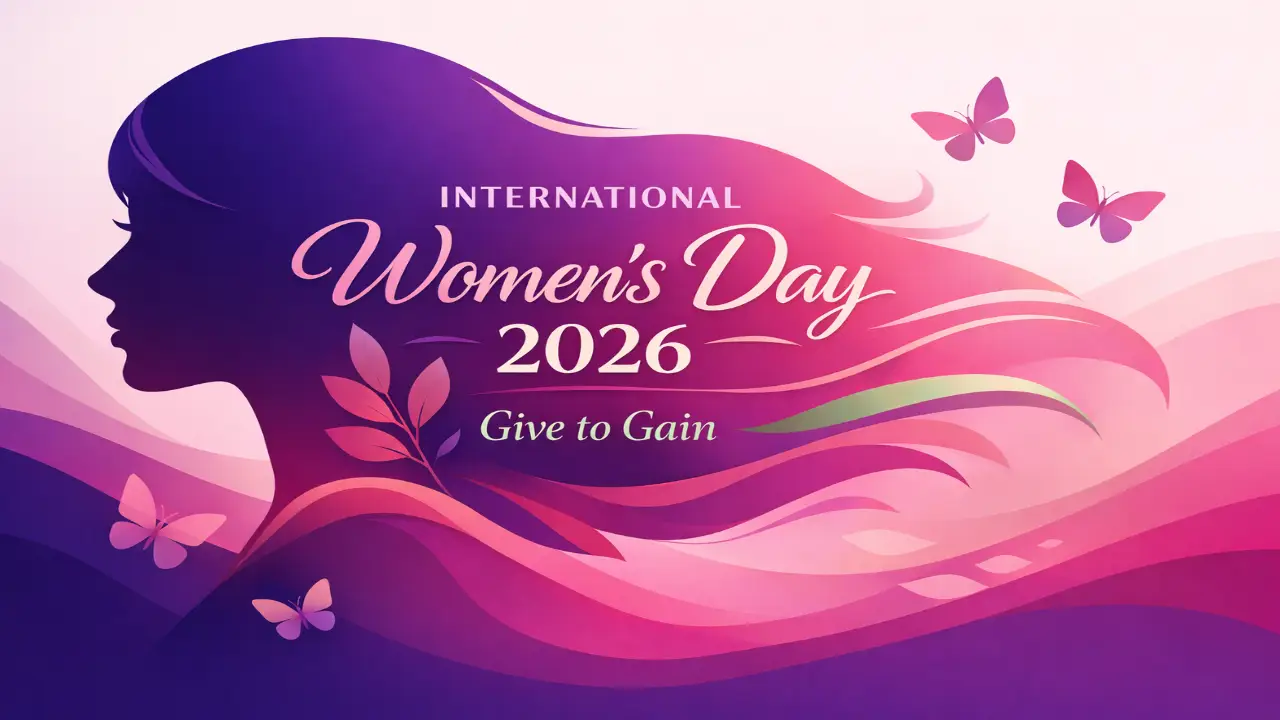 Stylized vector illustration of a woman’s side profile with purple and pink flowing elements and butterflies celebrating International Women’s Day 2026 with the message “Give to Gain.”