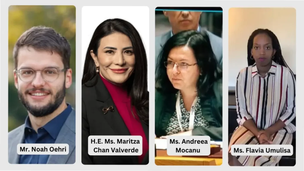 "Headshots of UN CSW70 vice-chairs and leaders: Mr. Noah Oehri, H.E. Ms. Maritza Chan Valverde, Ms. Andreea Mocanu, and Ms. Flavia Umulisa."