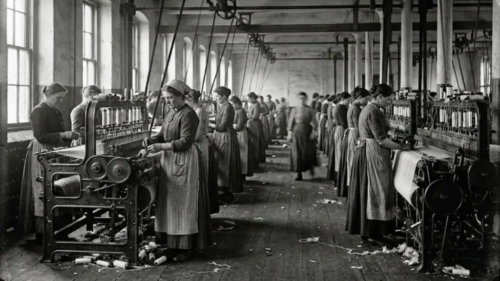 "Historical black and white photograph of female workers operating heavy machinery in an early 20th-century textile mill."