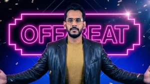 Business mentor standing with arms open before a neon “OFFBEAT” sign against a blue studio background.