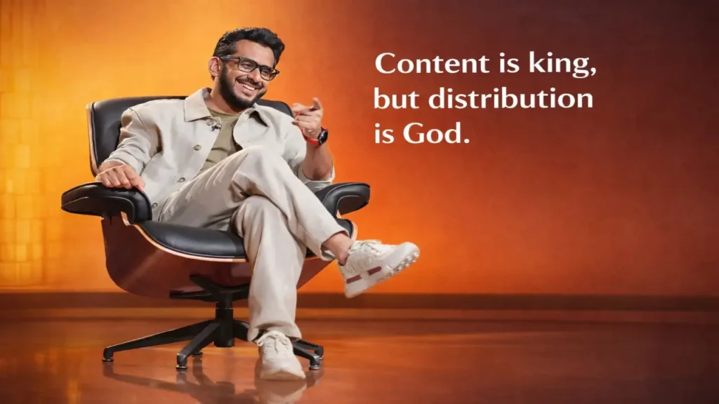 Confident entrepreneur seated on a studio set with warm orange gradient background and the quote “Content is king, but distribution is God” displayed beside him.

