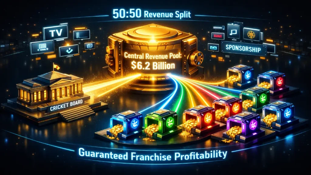 Infographic explaining the IPL's 50:50 central revenue pool distribution between the cricket board and the franchise teams.