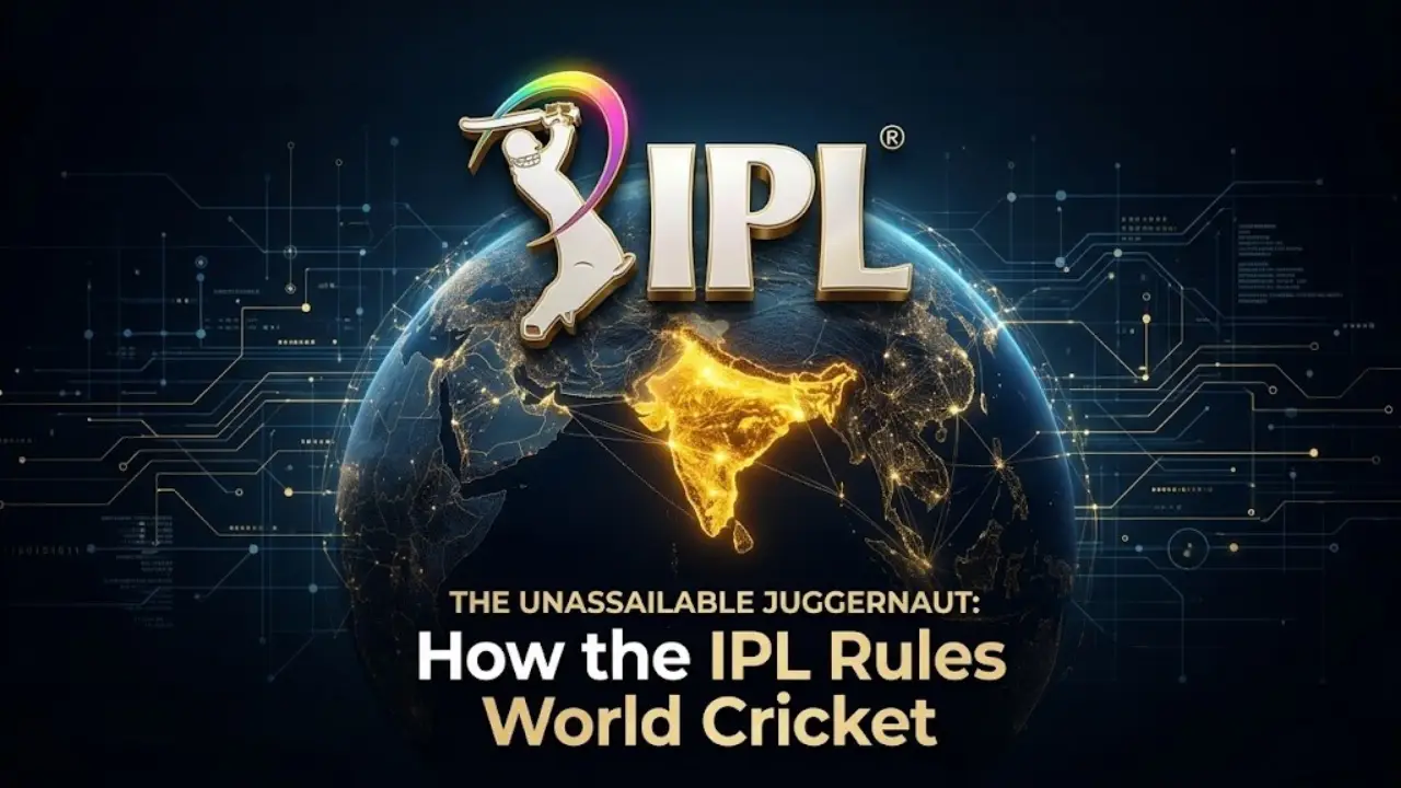 A digital globe highlighting a glowing golden map of India with the IPL logo and the text "The Unassailable Juggernaut: How the IPL Rules World Cricket"