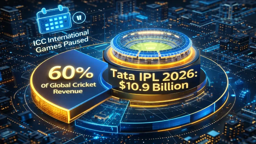 3D graphic illustrating the Tata IPL 2026's $10.9 billion valuation and its 60% share of global cricket revenue.