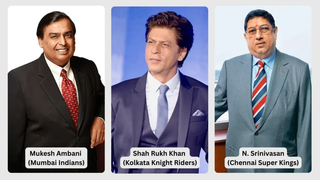 Portraits of prominent IPL franchise owners Mukesh Ambani, Shah Rukh Khan, and N. Srinivasan.