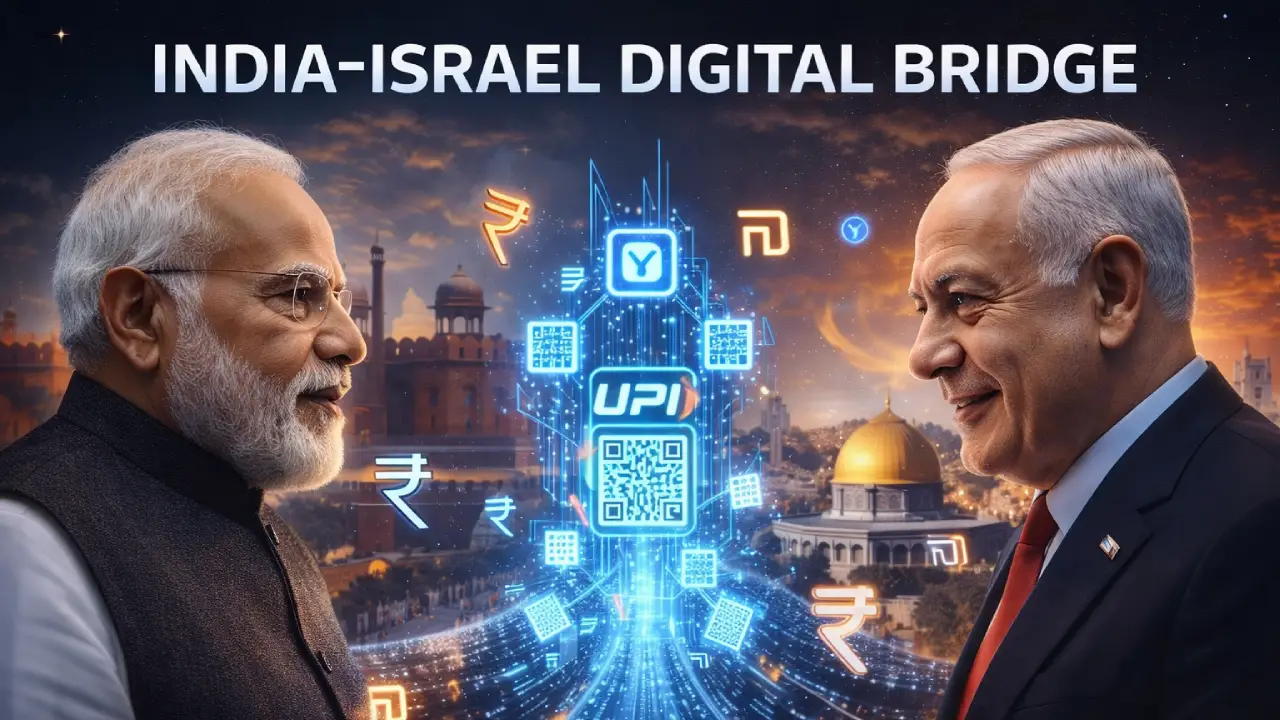 Narendra Modi and Benjamin Netanyahu facing each other with a glowing digital UPI bridge connecting India and Israel, featuring Red Fort and Jerusalem skyline in the background.