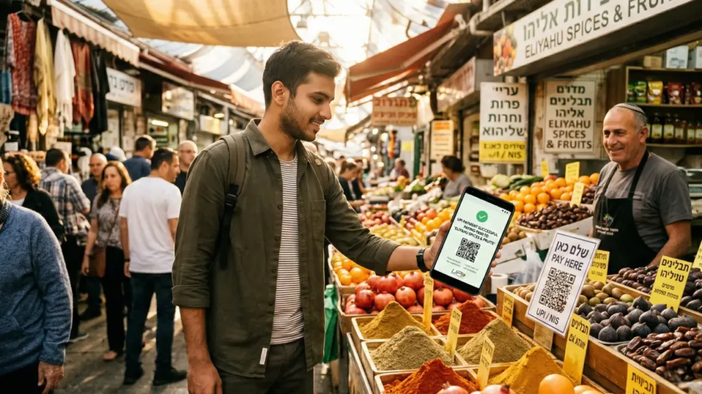 A young Indian traveler in a green shirt uses his smartphone to scan a QR code for a UPI payment at a sunlit, bustling Israeli market stall filled with colorful spices and fruits. 