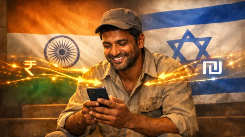 Smiling Indian migrant worker in work clothes sitting on steps, using a smartphone to send money, with blended India and Israel flags and glowing digital transfer lines in the background.
