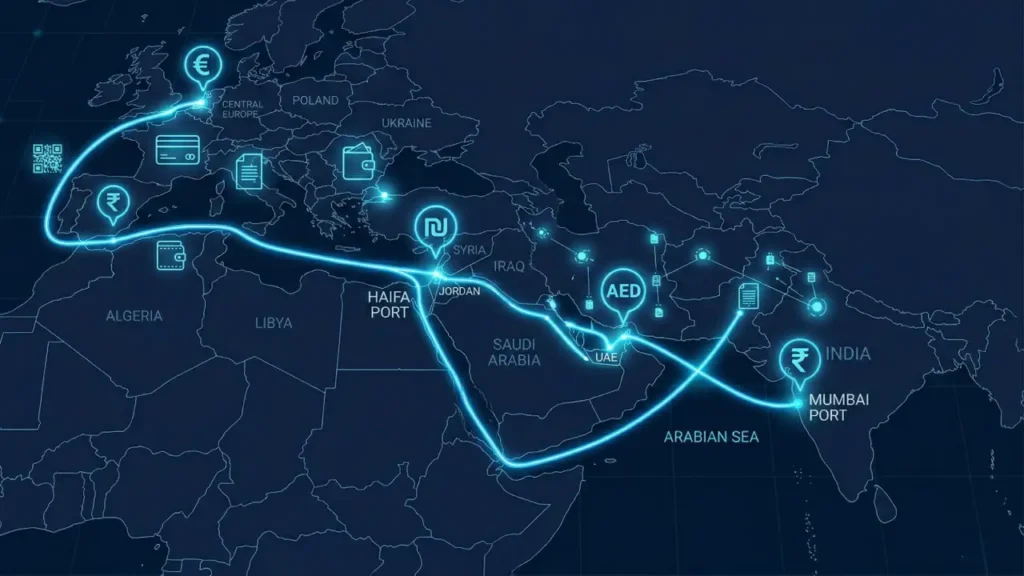 A futuristic digital world map highlighting the India-Middle East-Europe Economic Corridor (IMEC). Glowing neon blue lines connect Mumbai Port, the UAE, Haifa Port, and Europe across a dark navy background with a tech grid. Floating digital icons representing currency (Euro, Rupee, Dirham) and data nodes emphasize the corridor's role in global trade and digital connectivity.