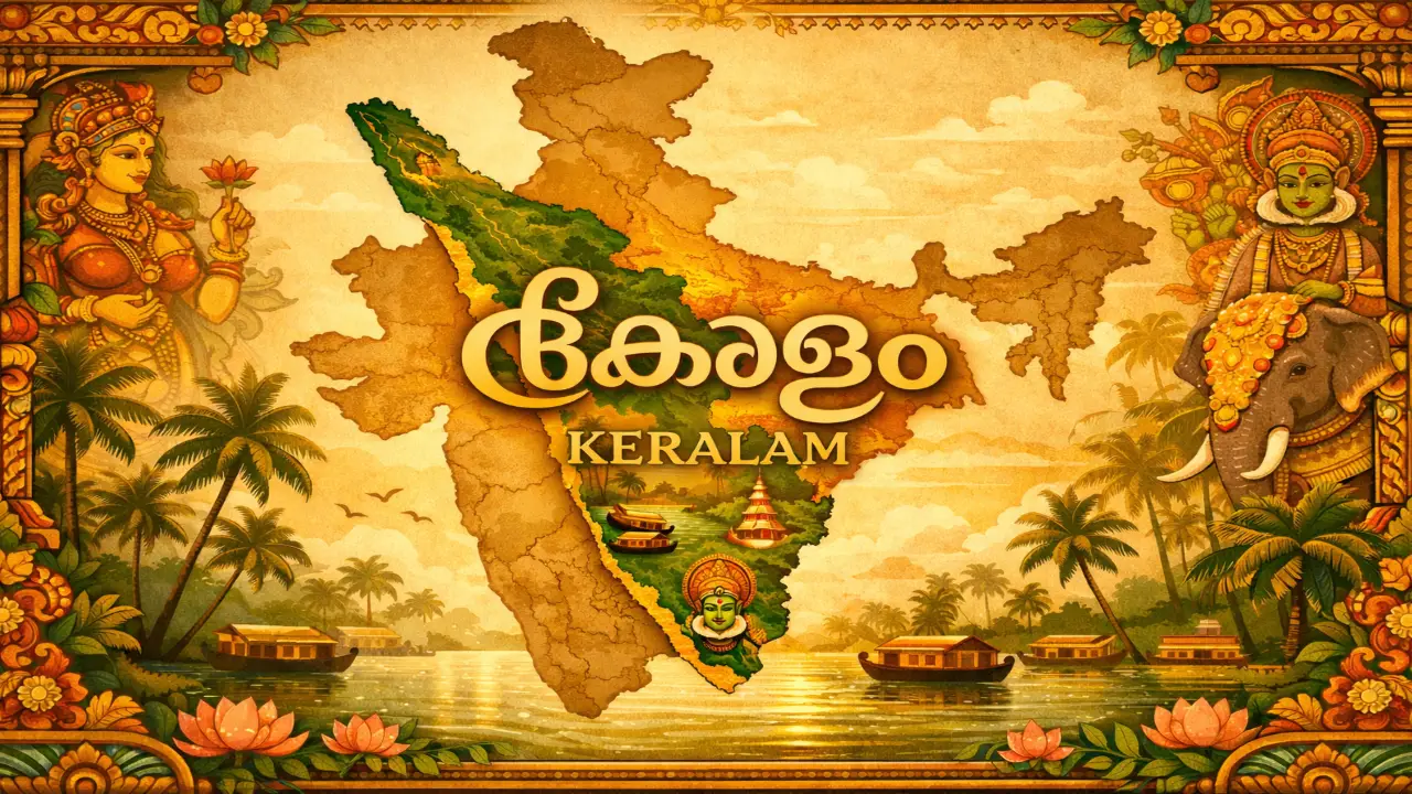 Illustrated map of Kerala highlighted within India’s outline, featuring Malayalam “കേരളം” and English “KERALAM,” surrounded by traditional mural art motifs and backwater scenery.