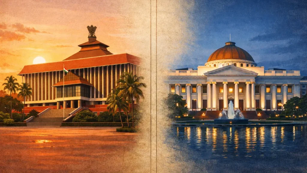 Split-screen illustration of the Kerala Legislative Assembly in warm sunset light and the West Bengal Legislative Assembly under a cool blue evening sky, divided by a parchment-style constitutional line.
