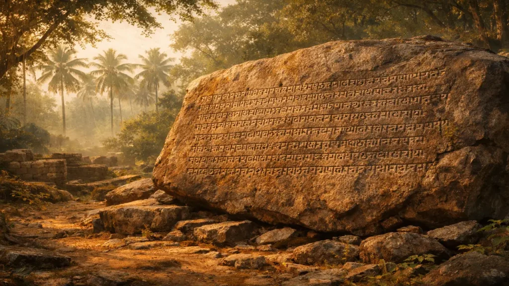 Ancient weathered stone rock edict carved in Brahmi script, resting in a lush South Indian forest under soft golden morning light with palm trees in the background.
