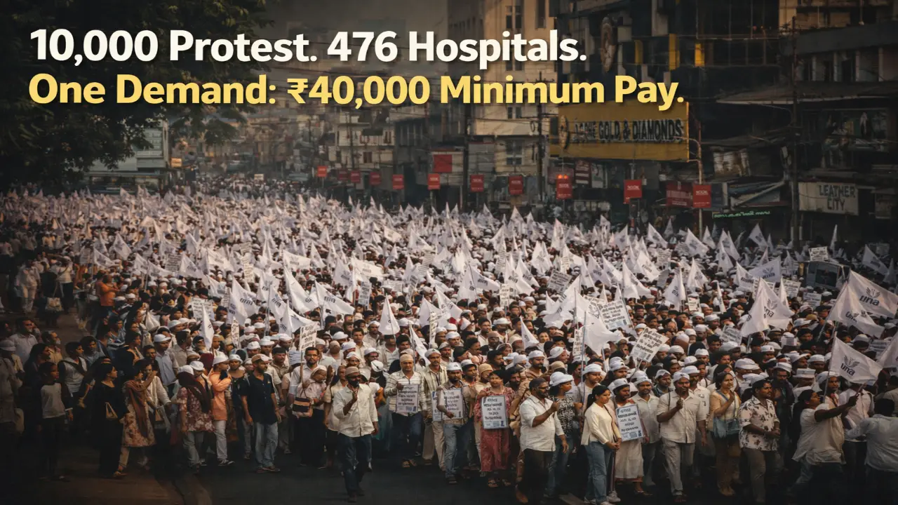 Massive protest march with thousands of healthcare workers holding white flags demanding ₹40,000 minimum pay in a city street.