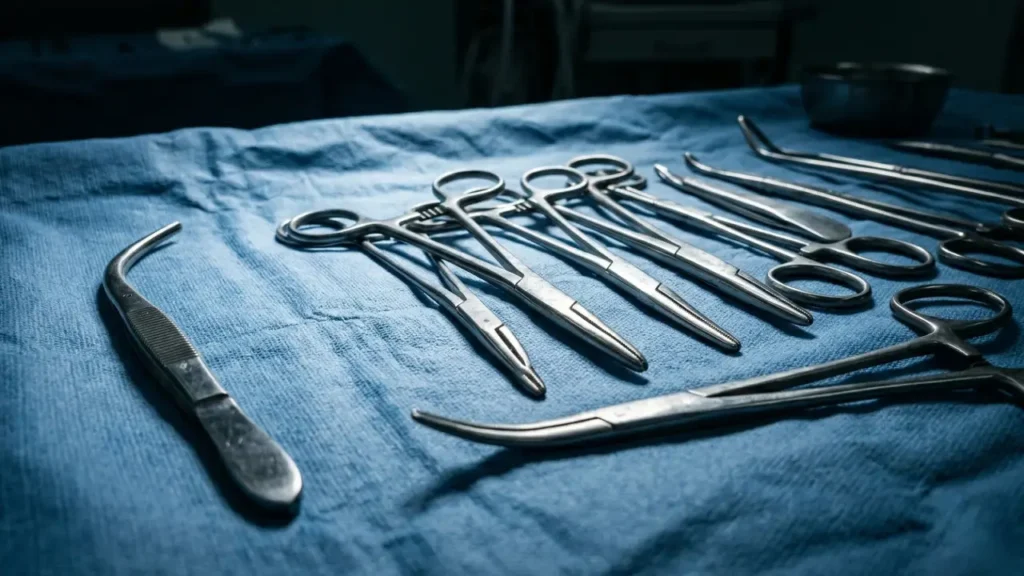 A close-up, high-angle shot of several stainless steel surgical forceps and clamps organized on a textured blue sterile drape. The lighting is cold and clinical, casting deep shadows that create a moody, dramatic atmosphere within an operating room setting.