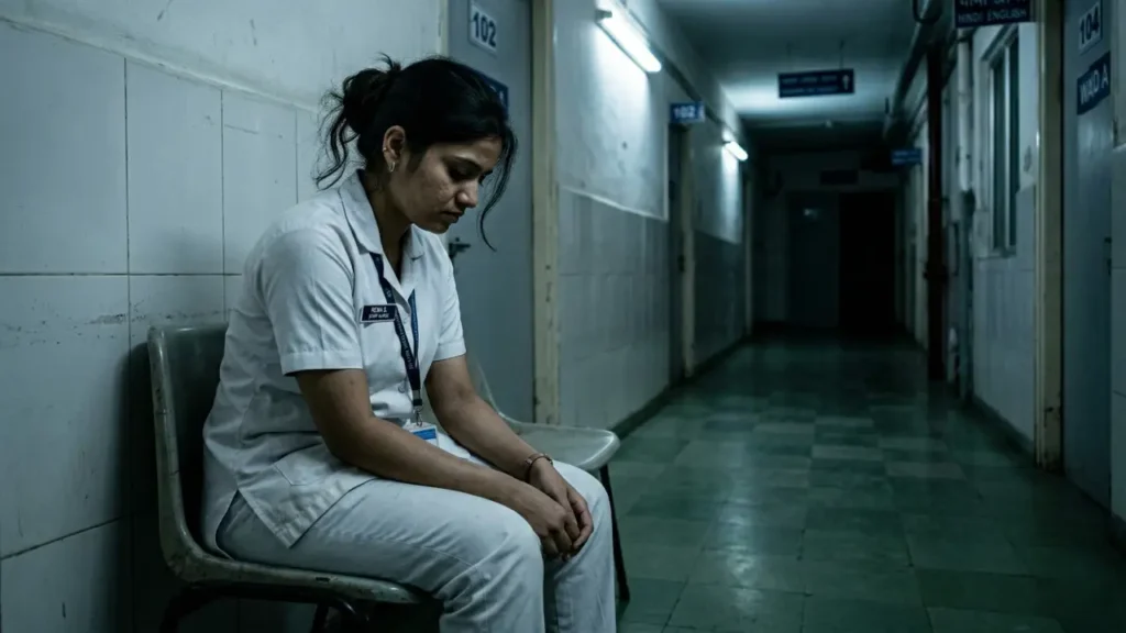 A young Indian nurse in a white uniform sits alone in a dimly lit, blue-toned hospital corridor, her head bowed in a moment of profound exhaustion and quiet sadness.