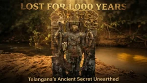 Ancient stone idol discovered in Telangana standing by a riverbank, illuminated in warm golden light with the text “Lost for 1,000 Years” above.