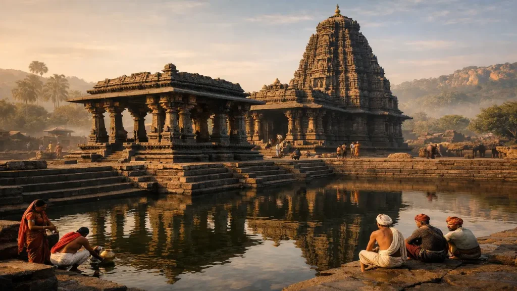 
A cinematic reconstruction of a 12th-century Kakatiya dynasty temple in Telangana, built of black granite beside a stepped water tank, glowing in golden morning light with villagers gathered near the reflective reservoir.
