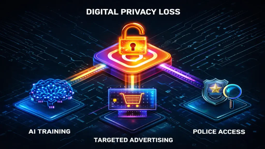 3D infographic illustrating the loss of Instagram digital privacy, showing an unlocked padlock with data flowing into AI training, targeted advertising, and police access systems.