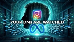 Digital illustration of a human silhouette with melting Instagram and Meta logos, surrounded by data servers and private chat bubbles, with text reading "YOUR DMs ARE WATCHED".