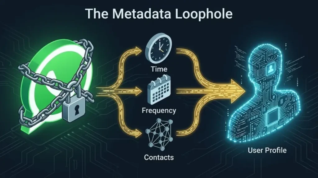 Conceptual graphic explaining the WhatsApp metadata loophole, demonstrating how time, frequency, and contact data bypass message encryption to form a detailed user profile.