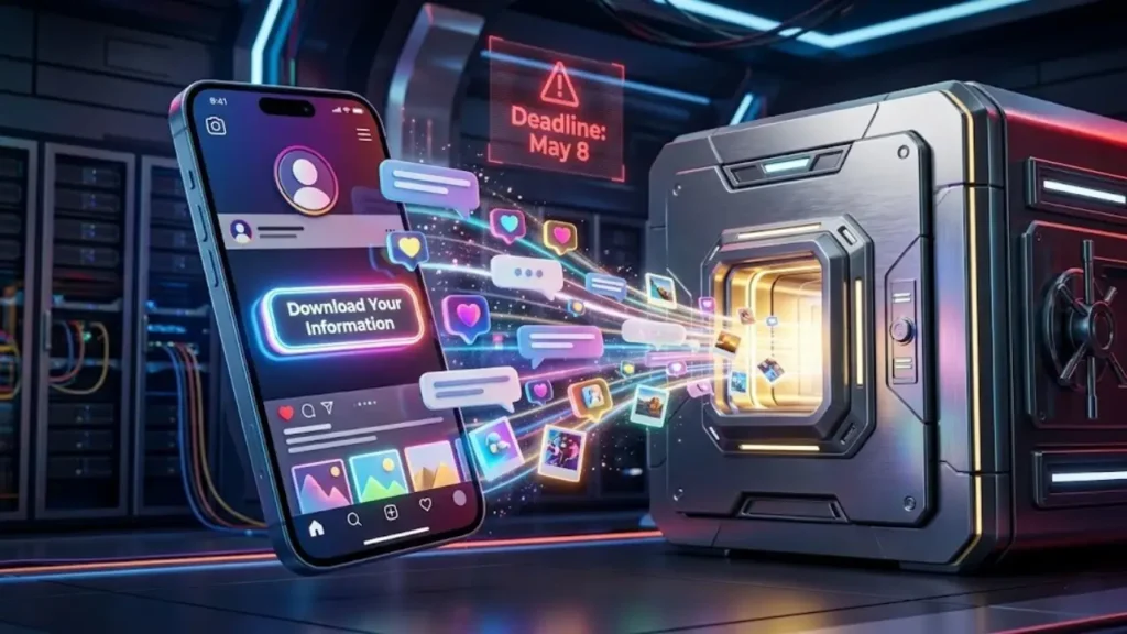 Digital illustration of a smartphone exporting Instagram chat messages and media into a secure metallic vault with a warning about the May 8 deadline.