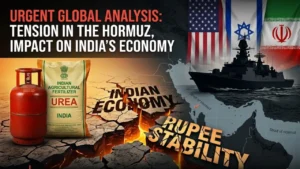 An infographic highlighting the 2026 West Asia conflict's impact on India. On the left are a red LPG cylinder and a bag of Indian Urea fertilizer on cracked earth labeled "Indian Economy" and "Rupee Stability." On the right, a warship sails near the Strait of Hormuz on a map, beneath the flags of the USA, Israel, and Iran.