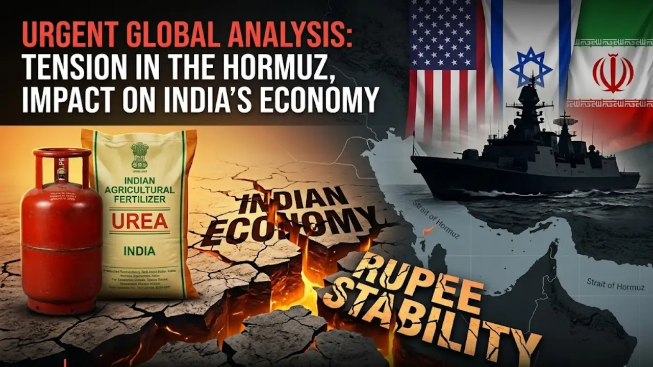 An infographic highlighting the 2026 West Asia conflict's impact on India. On the left are a red LPG cylinder and a bag of Indian Urea fertilizer on cracked earth labeled "Indian Economy" and "Rupee Stability." On the right, a warship sails near the Strait of Hormuz on a map, beneath the flags of the USA, Israel, and Iran.