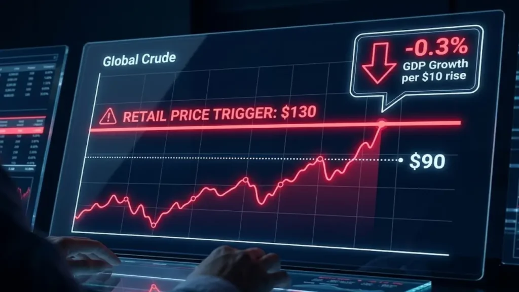 Digital graph showing crude oil at $90, the $130 retail price trigger, and the impact of oil price hikes on GDP.
