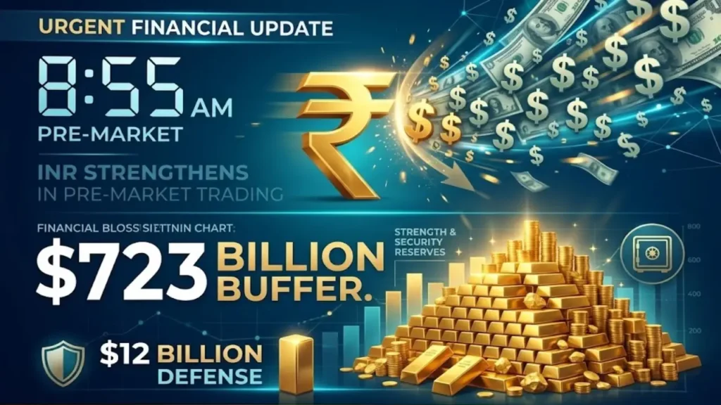 Infographic showing India's $723 billion forex reserves buffer and the $12 billion defense of the Rupee.