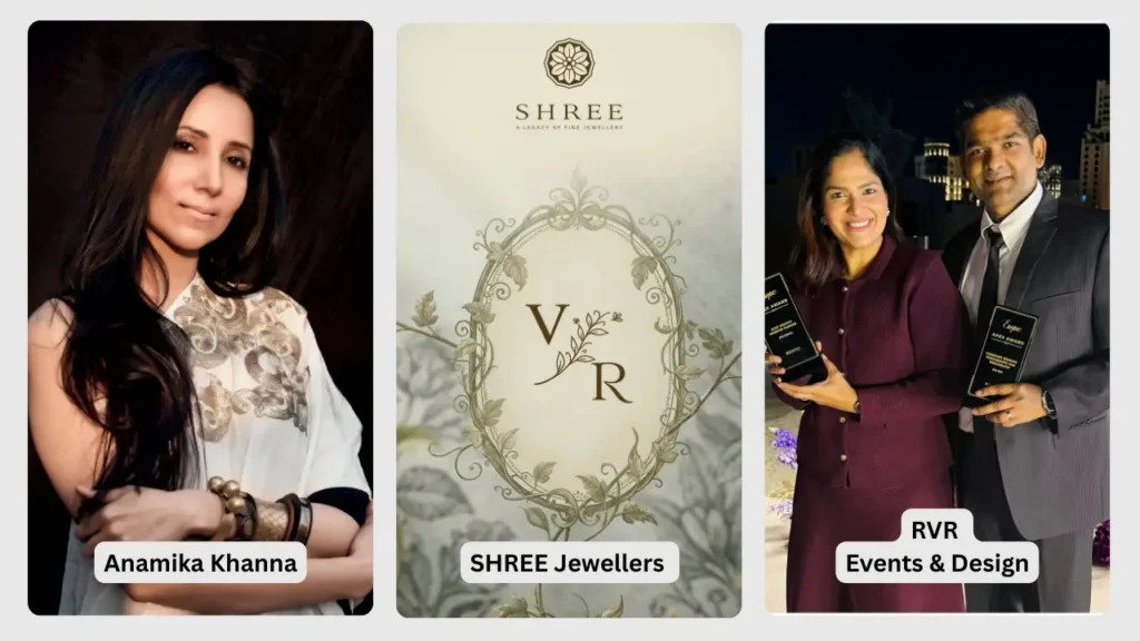 Collage featuring designer Anamika Khanna, a SHREE logo representing SHREE Jewellers, and the team from RVR Events & Design behind the ViRosh wedding.
