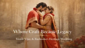 Vijay and Rashmika share an intimate moment at their heritage wedding, dressed in crimson and ivory traditional attire beneath a soft golden backdrop.